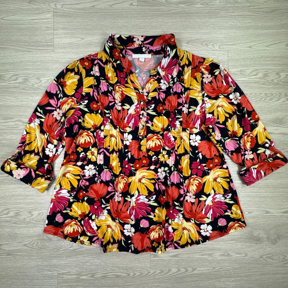 Juniper + Lime Women's Blouse 2X Floral 3/4 Roll Tab Sleeve Pleated Multi Color